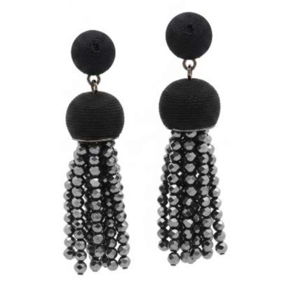 Anthropologie Women's Black Metallic Bead Tassell Fringe Statement Earrings